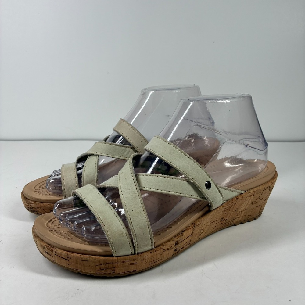 Crocs A-Leigh Women's US 7 Beige Leather Cork Wedge Slip-On Strappy Slide Sandal